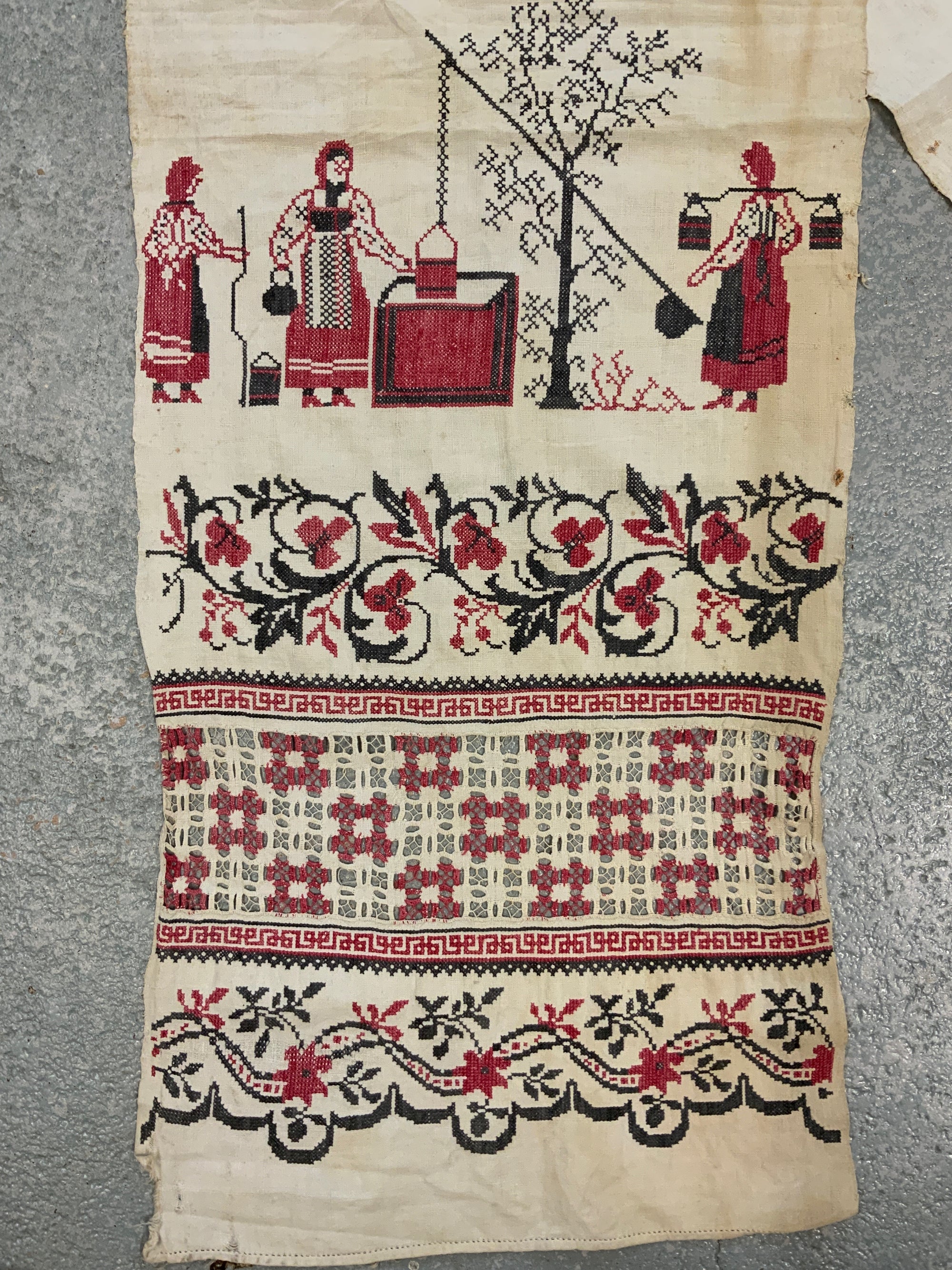 Ukrainian antique embroidered and drawn work rushnyk  (264 x 42cm)