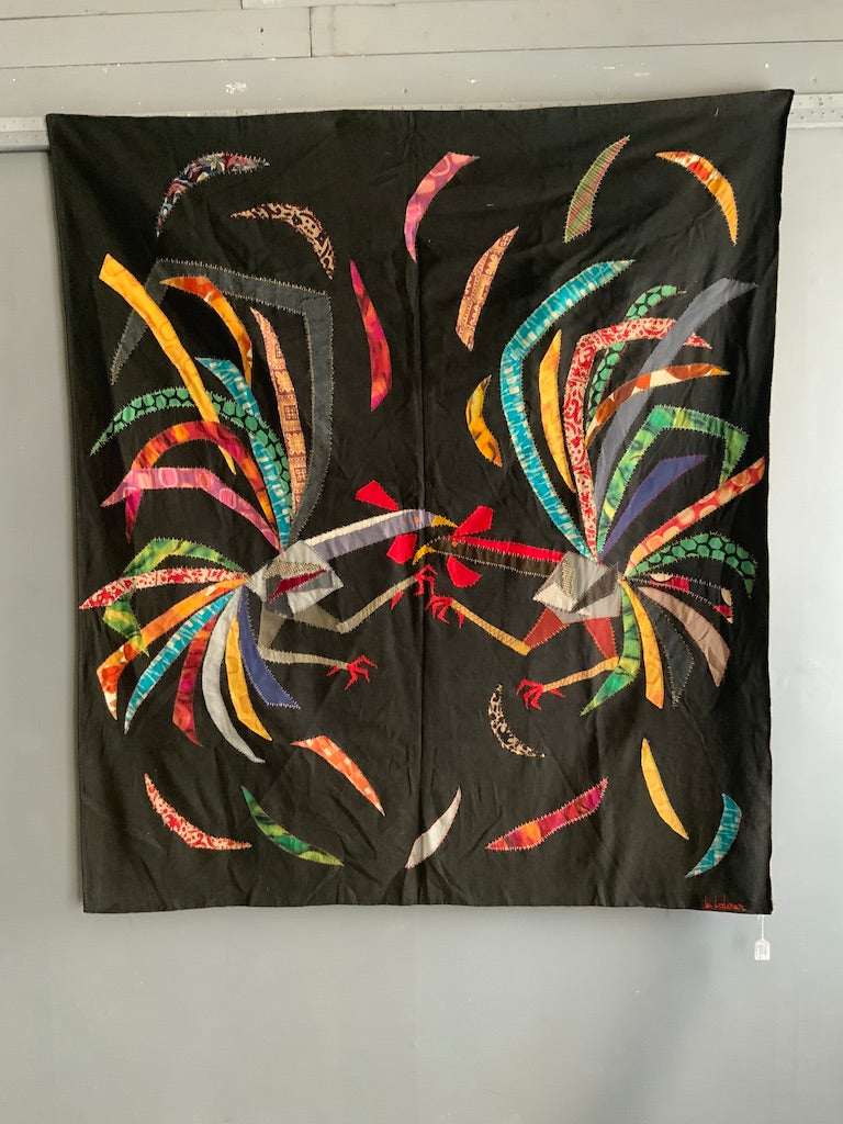 1950s French appliqué of cockerels signed ' le lalisier ' (158 x 135cm)